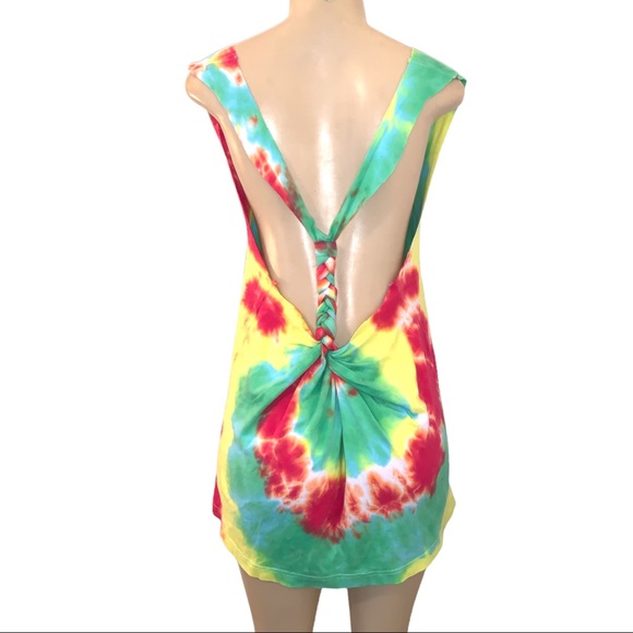 Deconstructed Tie Dye Handmade Hippie Braided Back Open Edge Tank Top - Picture 4 of 4